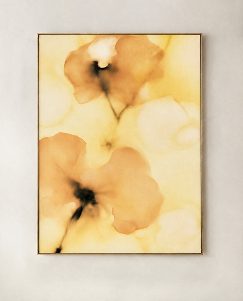 Amber Veil floral artwork in warm amber and cream, shown in a natural wood frame