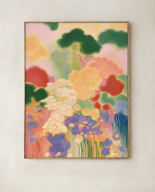 Arcadian Garden colourful floral artwork in green, coral, lilac and yellow, shown in a natural wood frame