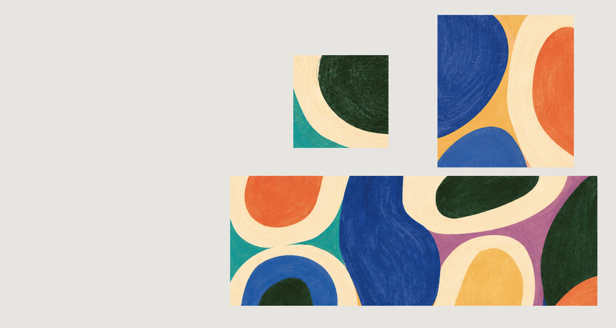 Three close-up studies of colourful abstract artwork on a warm gallery background.