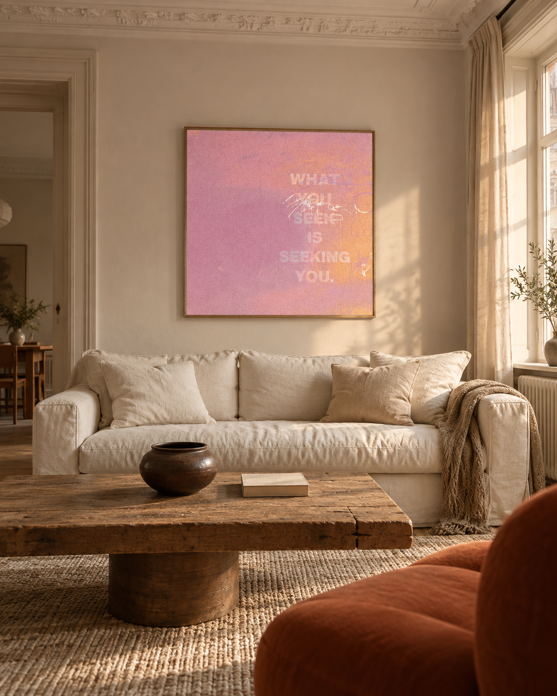 What You Seek above a warm pink sofa