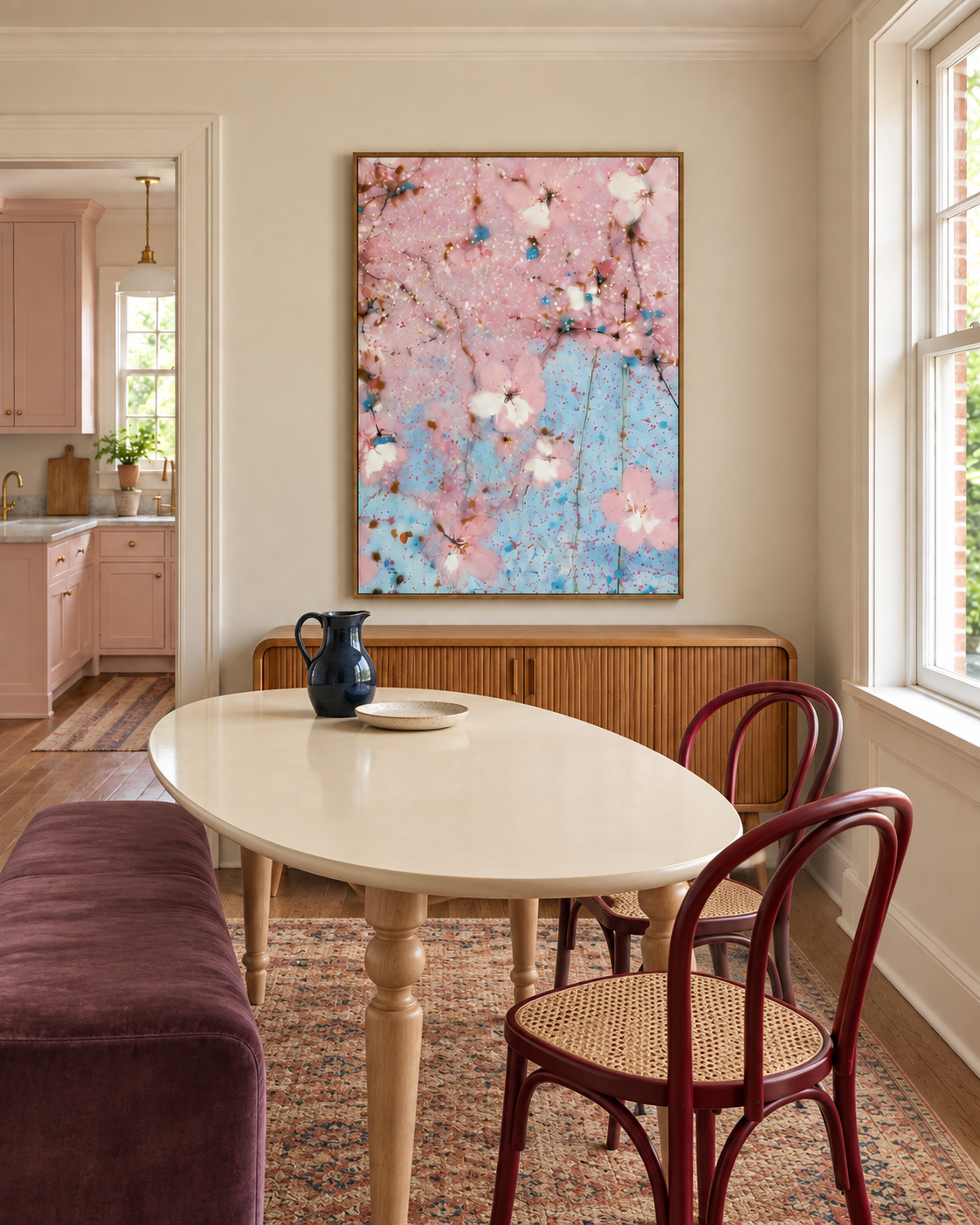Blossom and Blue framed artwork in a chalk pink breakfast room