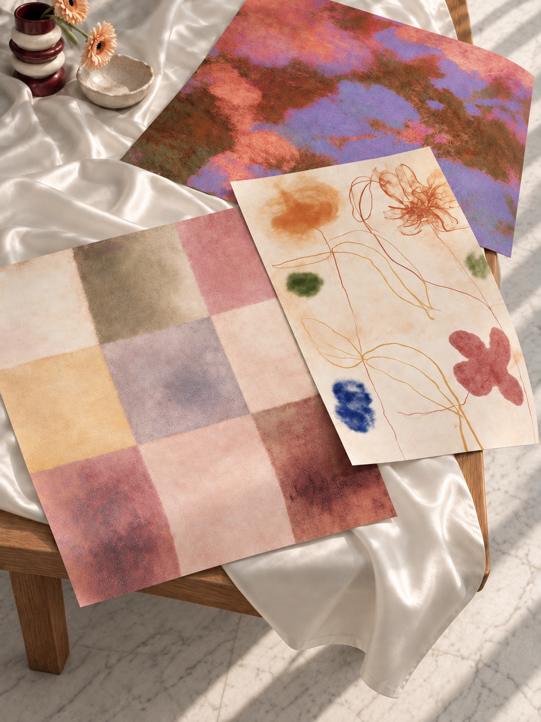 Colourful abstract art prints arranged on white silk with ceramic decor