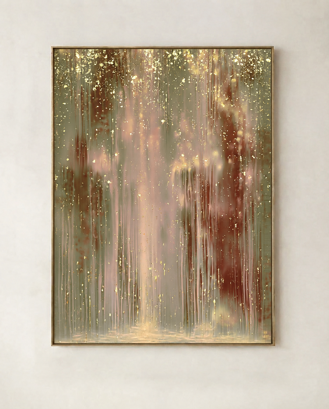 Gilded Rain abstract artwork with gold flecks and soft olive and rust tones, shown in a natural wood frame