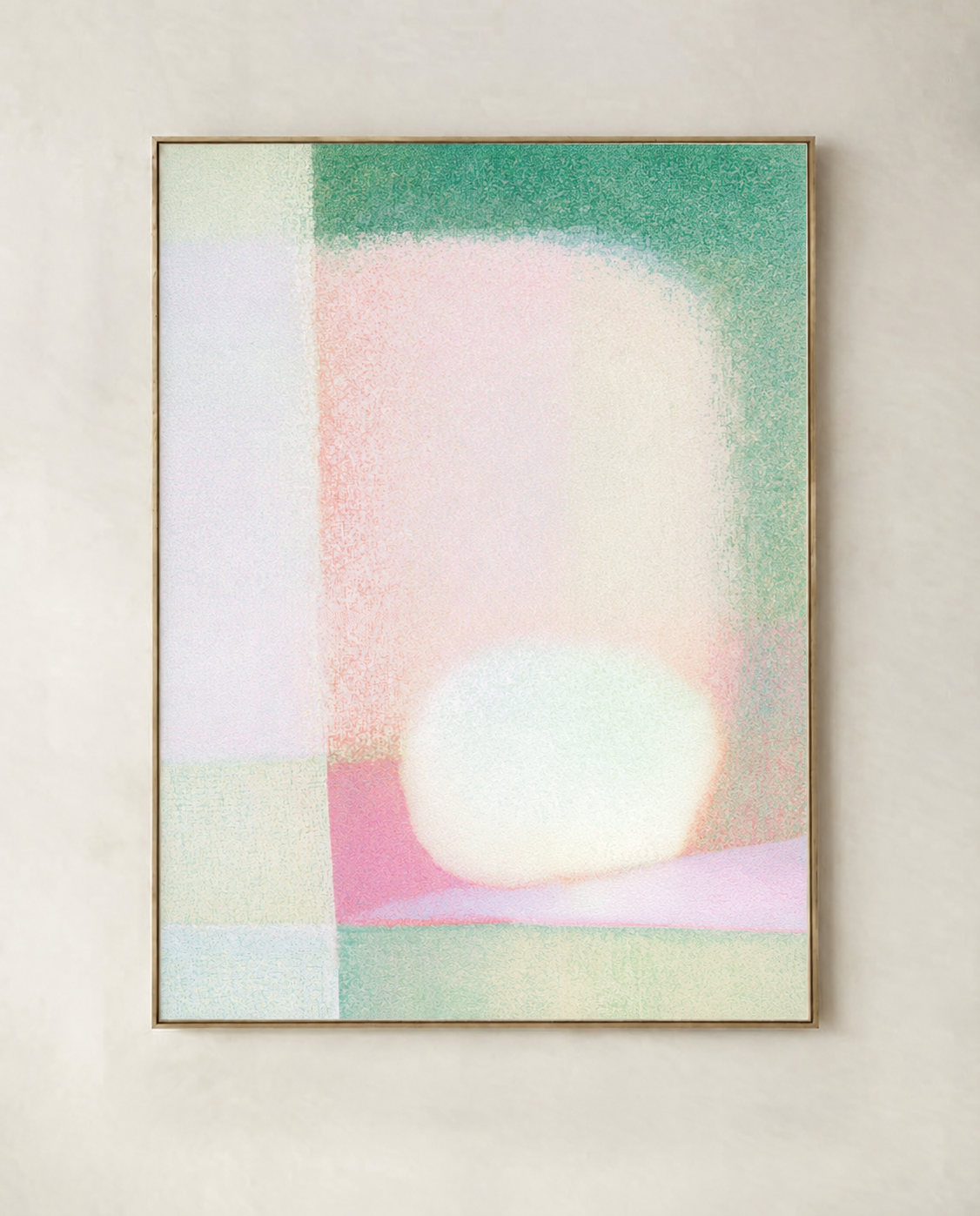Opaline Light abstract artwork in mint, blush and ivory, shown in a natural wood frame