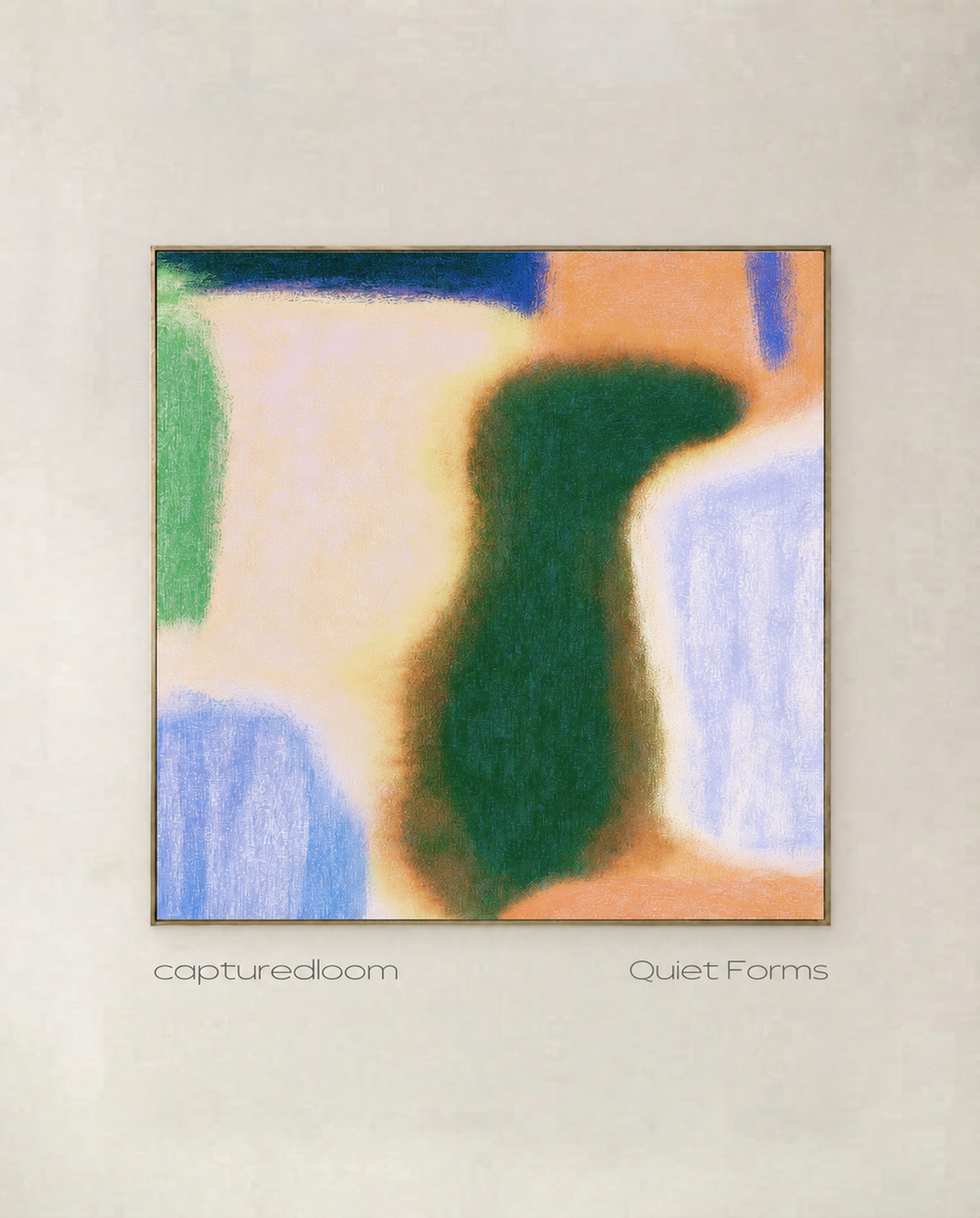 Quiet Forms - soft columns of emerald, apricot and periwinkle, shown in a thin gold frame on a pale wall