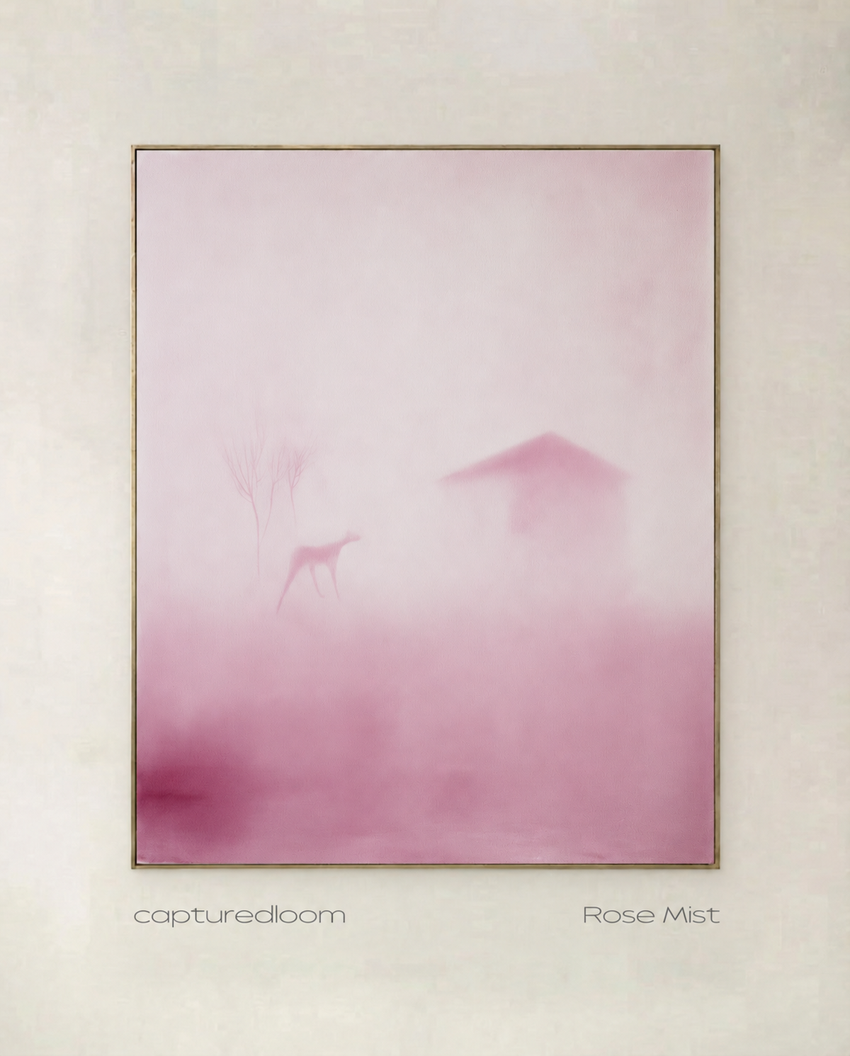 Rose Mist — art print of a dog, a house and bare trees in rose-coloured mist