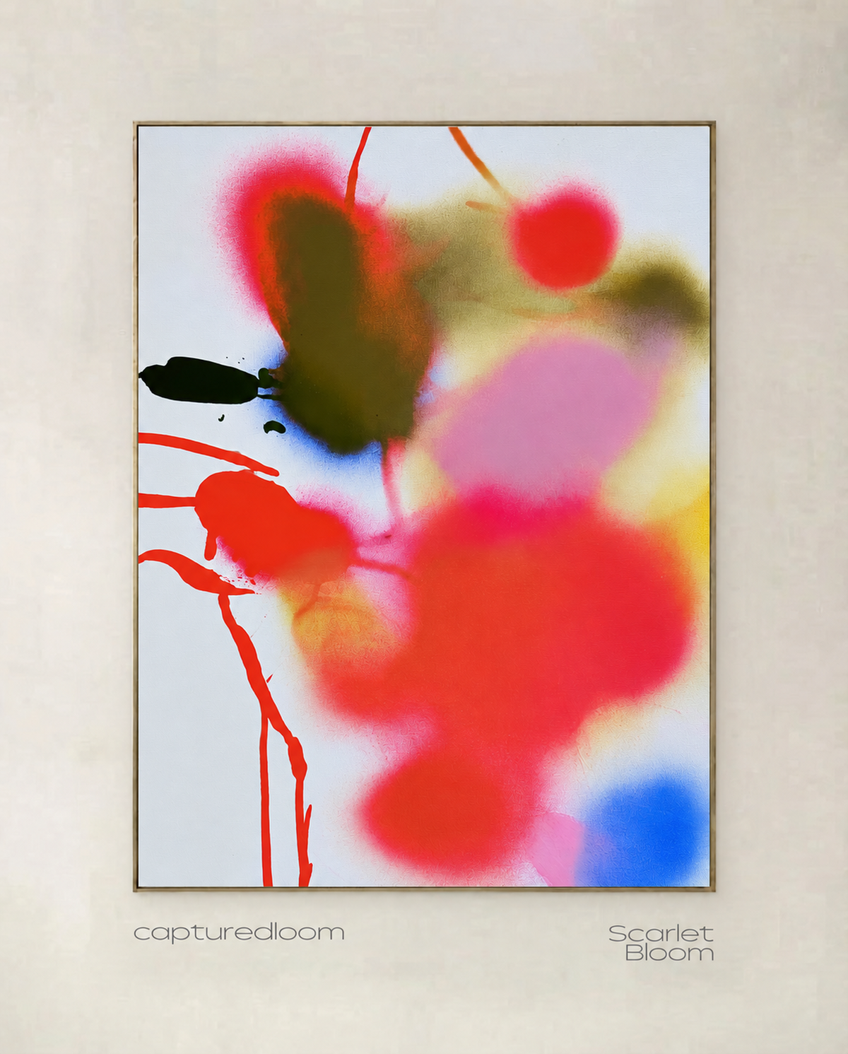 Scarlet Bloom - scarlet, olive and cobalt blooms on a cool pale ground, shown in a thin gold frame on a pale wall