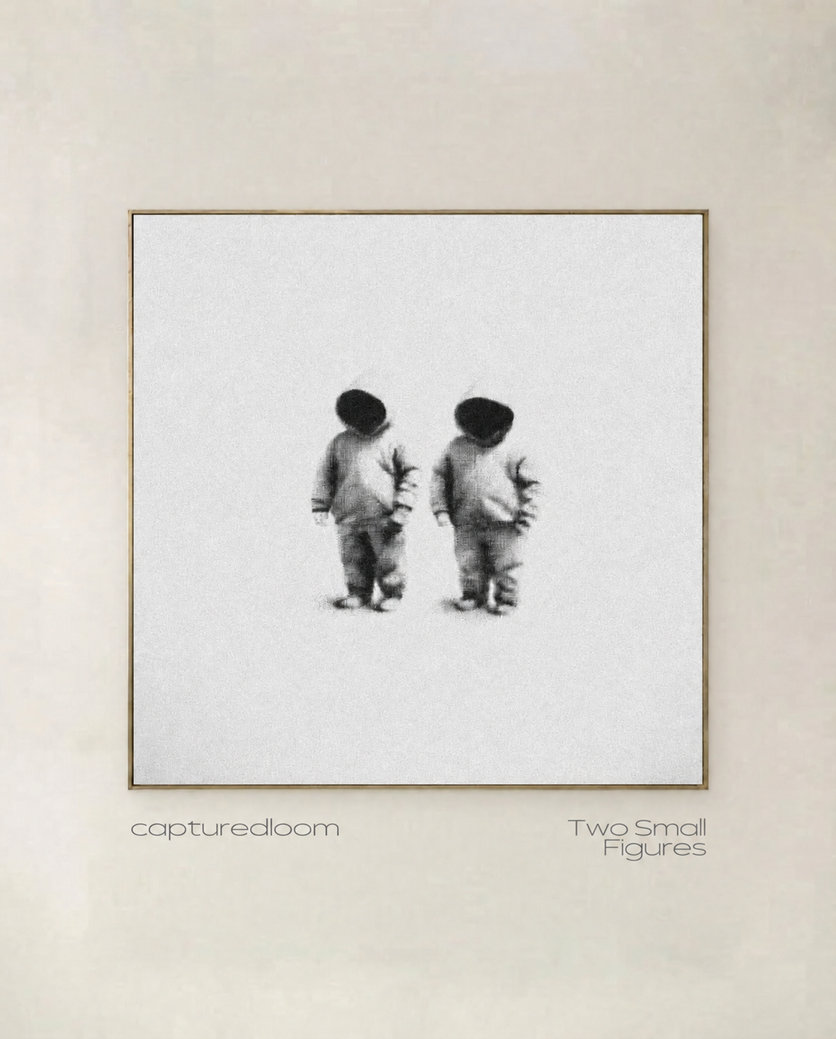 Two Small Figures — monochrome photographic art print of two small hooded figures